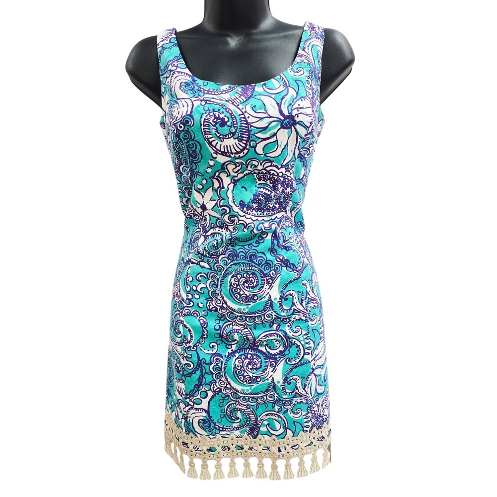 Lilly Pulitzer Teal Purple Swirl Cotton Shift Dress with Tassel Trim Size 0